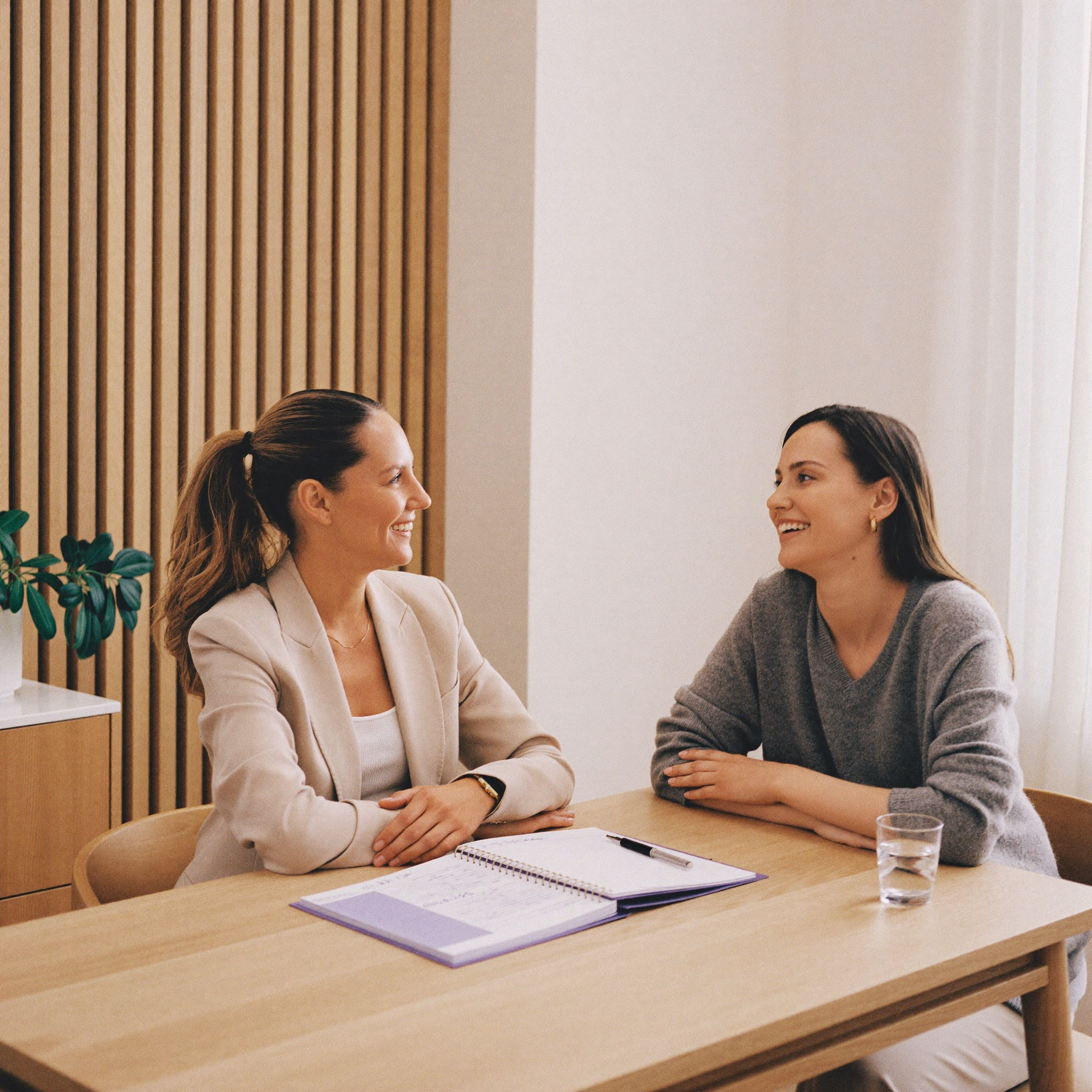 Beraterin und Kundin sitzen im hellen Beratungsbereich am Tisch und besprechen den Wunschtermin